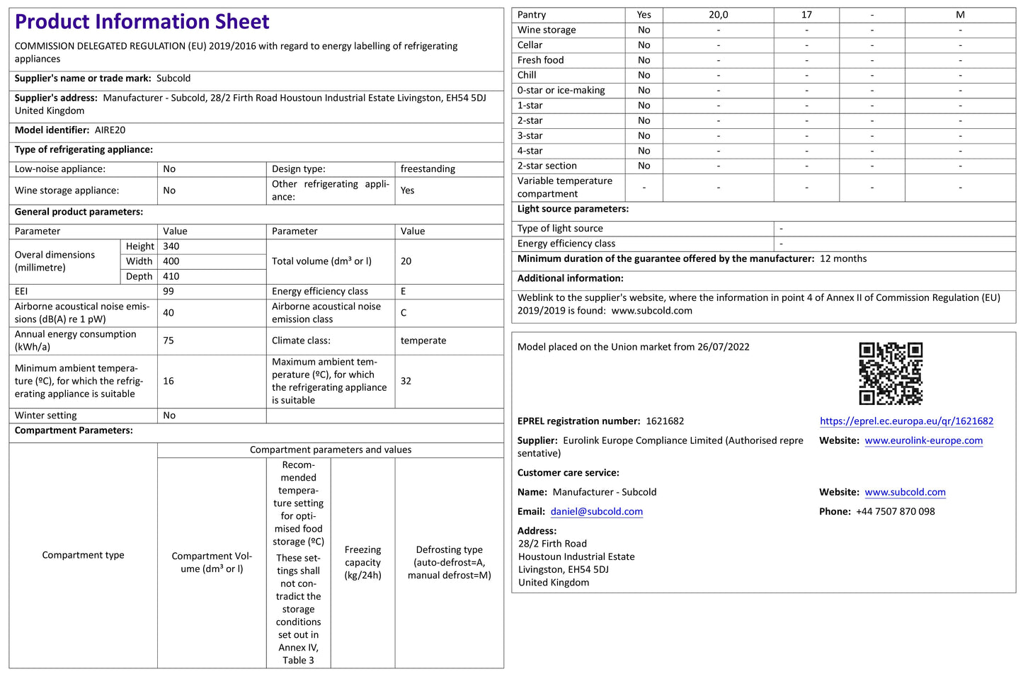 Subcold Aire20 LED Mini Fridge - White | Refurbished
