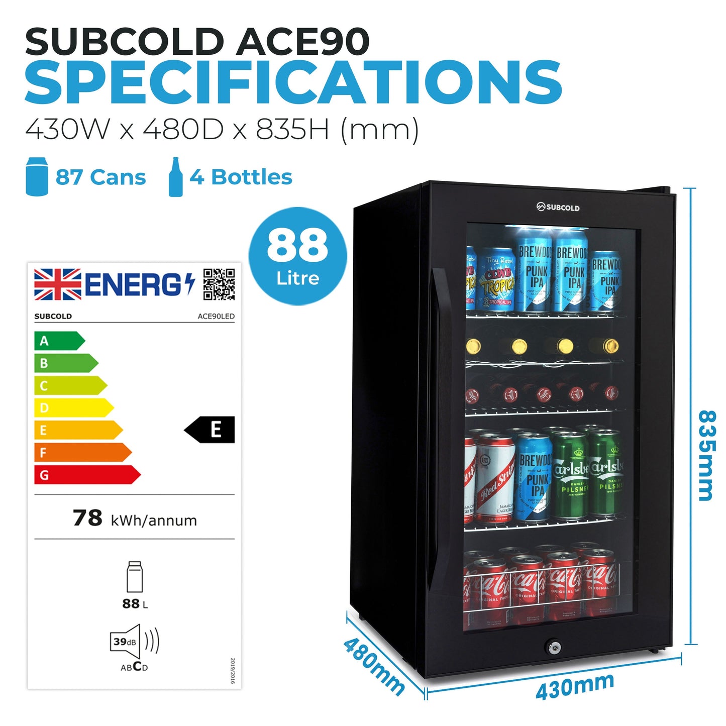 Subcold Ace 90 LED Touch Control Beer Fridge - Black | Refurbished